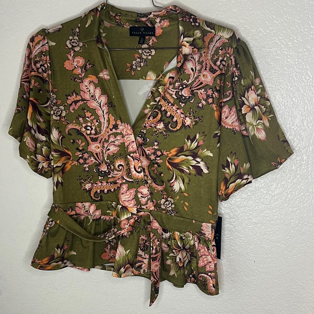 New TRACY EVANS Wrap Top Womens Floral Short Bubble Sleeves V Neck Stretch large